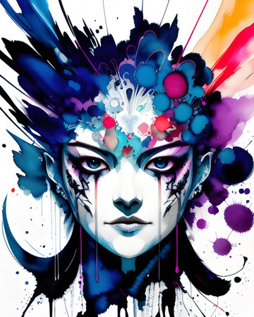 A close-up ink splash portrait of a woman's face with tears rolling down her cheeks.の素材