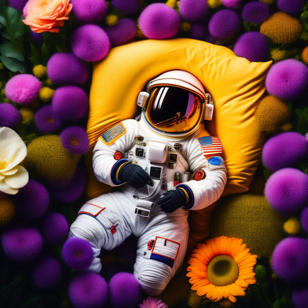 Explore the Beauty of Space with an Astronaut in a Bed of Colorful Flowers - Stunning Visuals!の素材