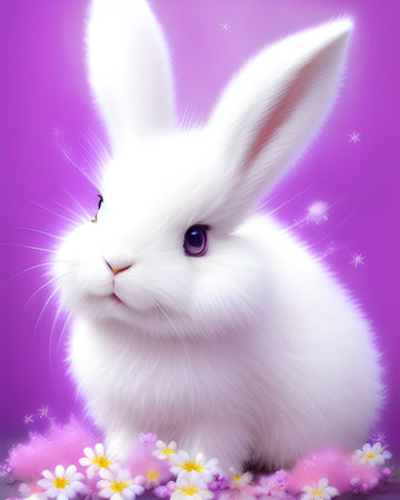 Charming Spring Bunny Art. Adorable White Fluffy Bunny Illustration.の素材