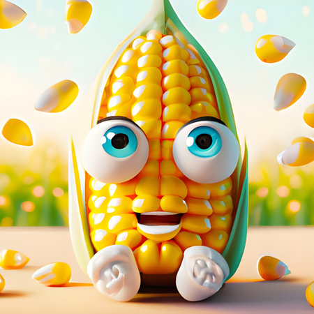 Cute Corn cartoon character with eyes and mouthの素材