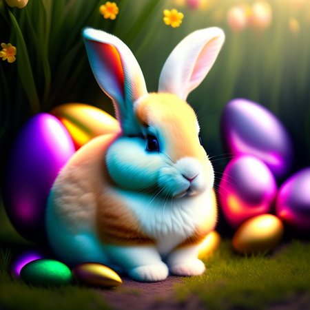Easter bunny and colorful eggs on green grass.の素材