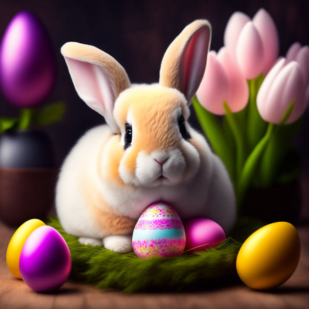 Easter bunny with colorful eggs and tulips on wooden background.の素材