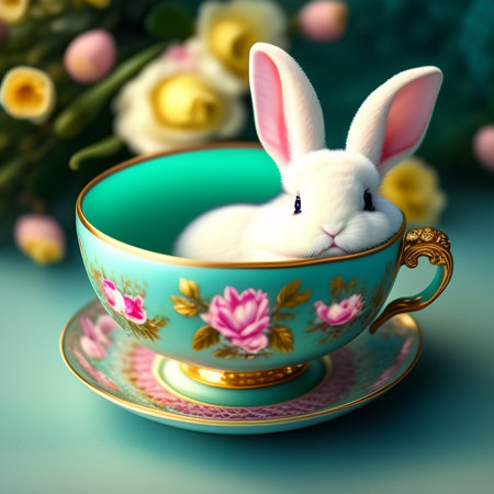 Easter bunny in a beautiful cup with flowers.の素材