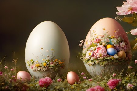 Easter eggs decorated with flowers on a green meadow. Vintage style.の素材
