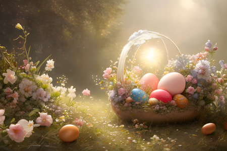 Easter eggs in basket with spring flowersの素材