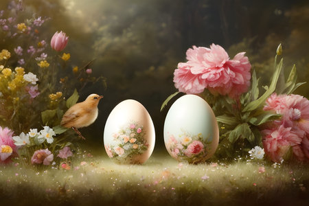 Easter eggs with spring flowers and little chick. Vintage style.の素材