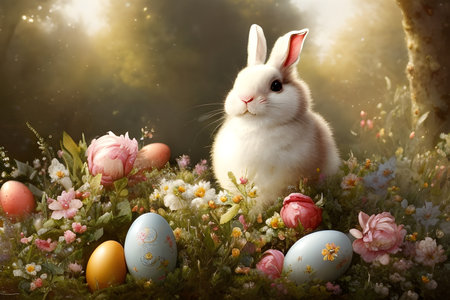 Rabbit and easter eggs in spring meadow. Easter backgroundの素材