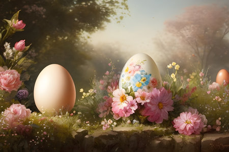 Easter eggs with flowers on the background of a beautiful landscape.の素材