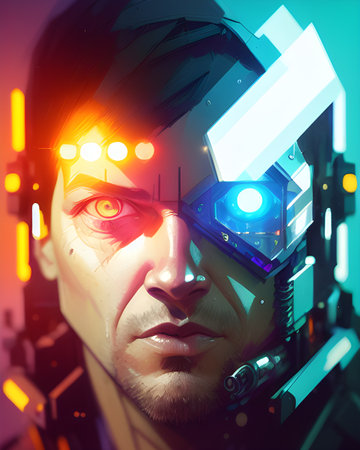 Close-up portrait of a futuristic cyborg 
 man.の素材