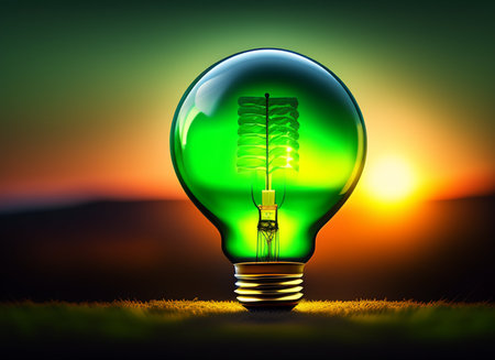 Green light bulb on nature background, 3D rendering.の素材