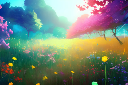 Beautiful spring landscape with colorful flowers and trees.の素材