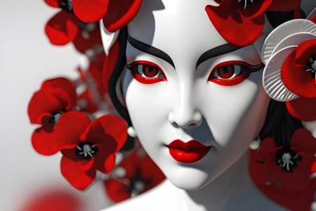 The Perfect Balance of Color: A Geisha Portrait in Red, Black, and White.の素材