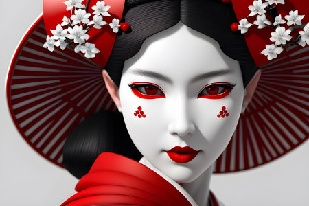 Red Eyes and White Blossoms: An Intricate and Photorealistic Geisha Portraitの素材