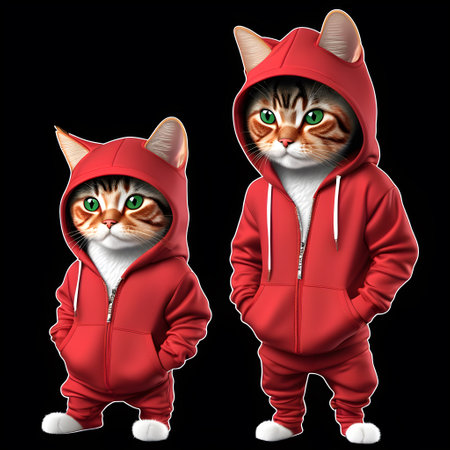 Two cats in a red hoodie standing in front of black backgroundの素材
