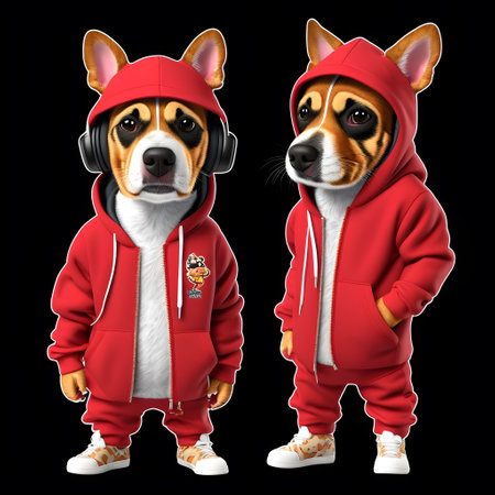 dog in a red hoodie with headphones standing in front a black backgroundの素材
