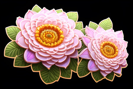 Pink lotus flowers isolated on black background.の素材