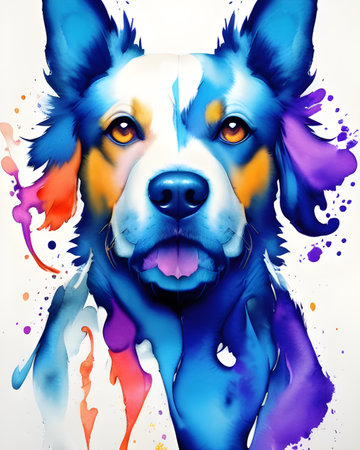 Dog portrait with colorful paint splashes on white background. Vector illustration.の素材