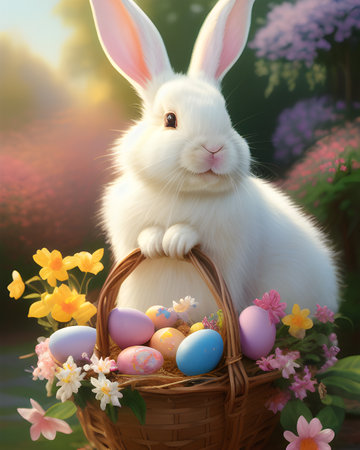 Easter bunny with basket of colorful eggs and flowers.の素材