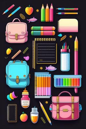 Back to school background with school supplies and accessories. kawaii vector illustration.の素材