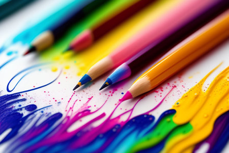 Colorful pencils on a painted paper. Close-up.の素材