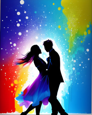 silhouette of dancing couple on abstract colorful background, vector illustrationの素材
