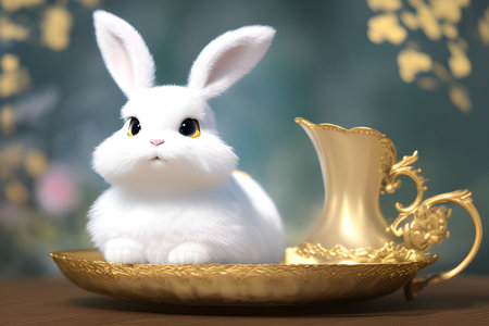 Cute white rabbit sitting on a gold plate with a golden canの素材