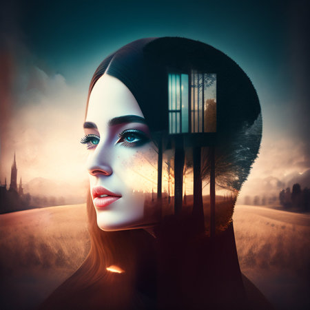 Mysterious woman with fantasy countryside mindの素材