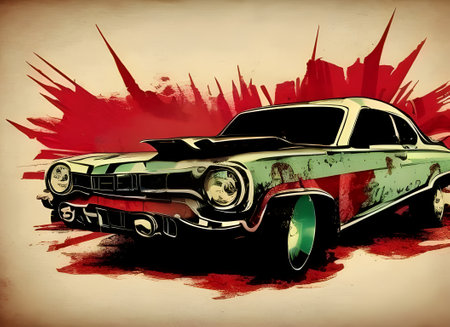 Paint background with classic muscle car. Grunge illustration.の素材