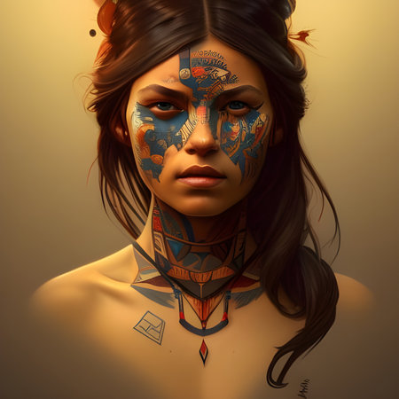 American Indian girl with tattoo portraitの素材