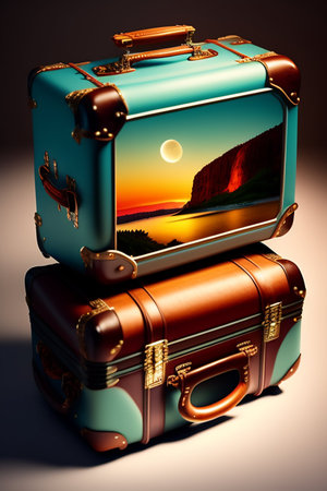 Vintage travel suitcases with vaction photo on the screen. 3D illustration.の素材