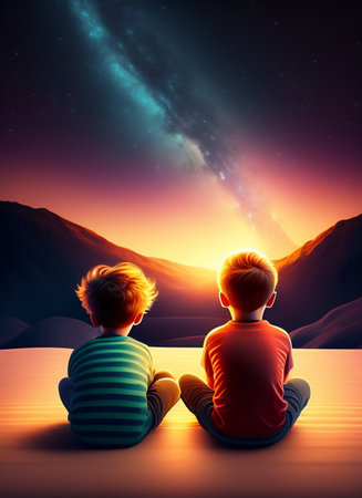 Two boys sitting and watching the skyの素材