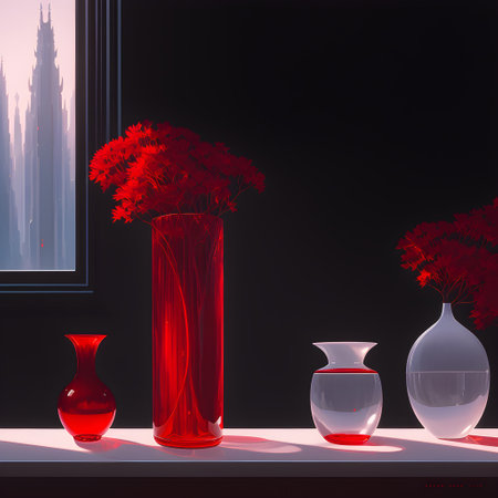 Red vase with flowers on the windowsill.の素材
