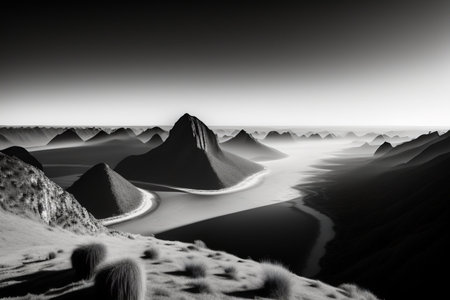 Black and white image of sand landscape in dark valleyの素材