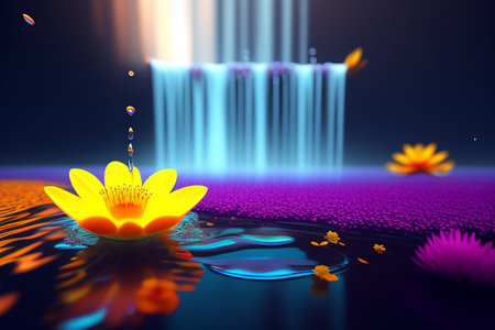 Waterfall and flower in the pond illustrationの素材