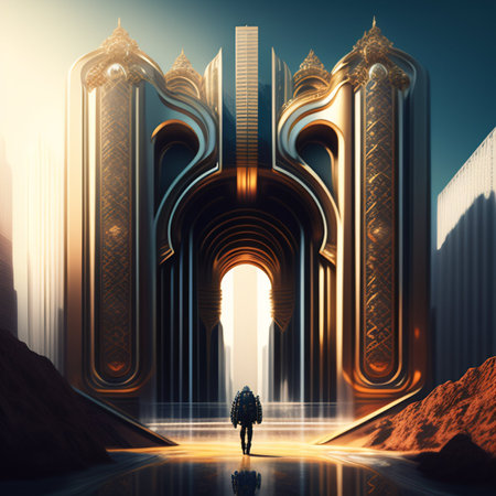 Man in front of the entrance to  future city.の素材