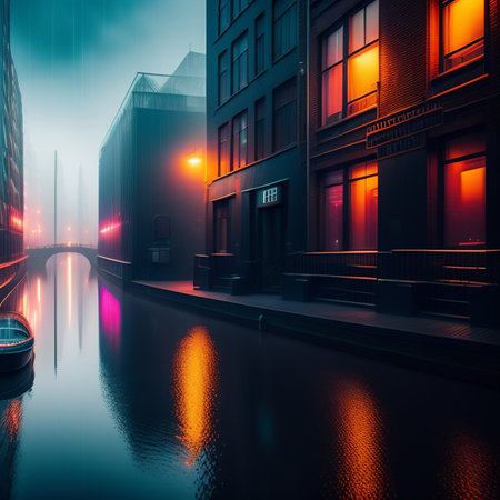 Narrow canal in the city at night, toned image. Neon futuristic amsterdam canal.の素材