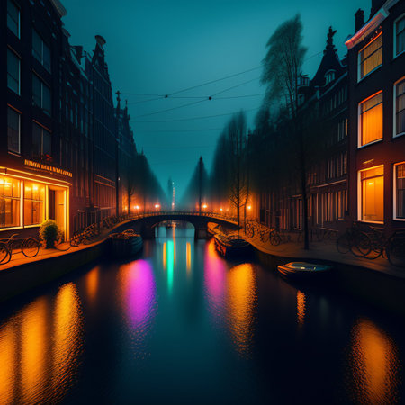 Amsterdam canal at night, Holland, Netherlands, Europe. Digital illustration. Neon futuristic amsterdam canal.の素材