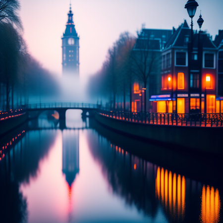 Amsterdam, Netherlands. Beautiful view of the city of Amsterdam at sunrise.の素材