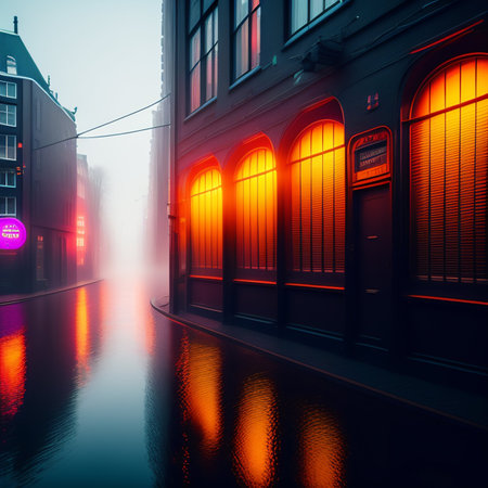 Houses in a foggy morning in Amsterdam, Holland, Netherlands. Neon futuristic amsterdam canal.の素材