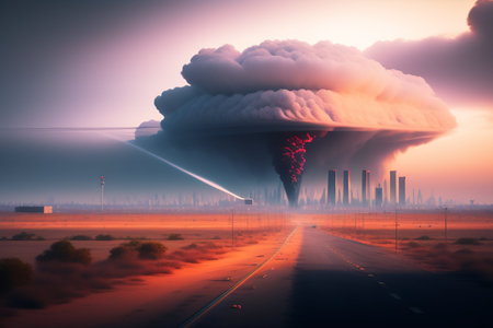 Nuclear explosion in the city at sunset. 3D illustration.の素材