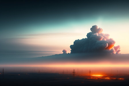 Sunrise over a foggy field with electricity pylons in the backgroundの素材