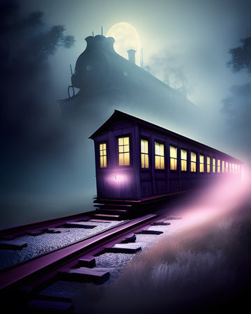 Ghost train station in the fog at night with a full moon in the backgroundの素材