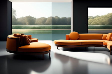 Interior of modern living room , concrete floor, design orange sofaの素材
