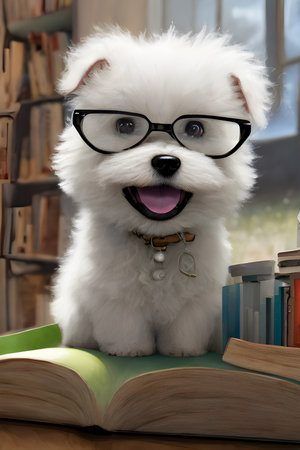 Cute little Maltese dog with eye glasses sitting on bookの素材