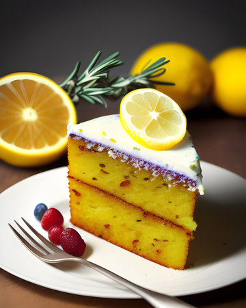 Delocious lemon cake with lemon slice and lemons.の素材