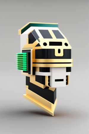 3d illustration of abstract robot face  shapes in golden, green and black colors.の素材