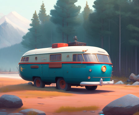 Vintage camper van in the mountains, 3d illustration.の素材