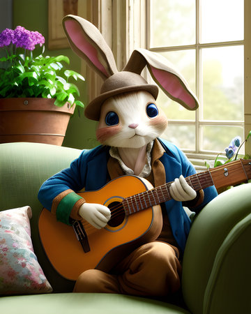 Rabbit with a guitar sitting on a green sofa at home.の素材