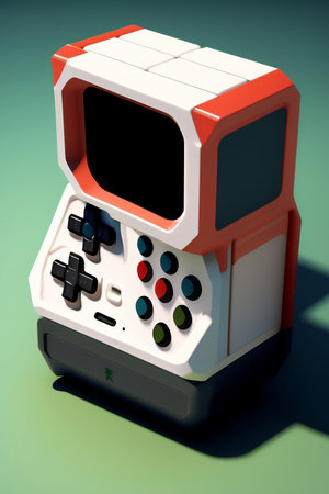 Retro arcade gamepad on a green background.の素材