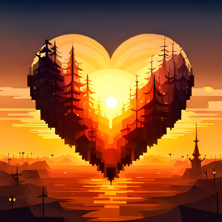 Fantasy sunset and  landscape in the form of a heart.の素材